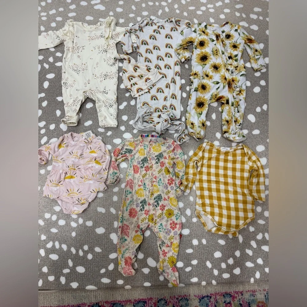 Lot of 6 bamboo footies newborn baby girl ruffle onesie floral rainbow gown knot